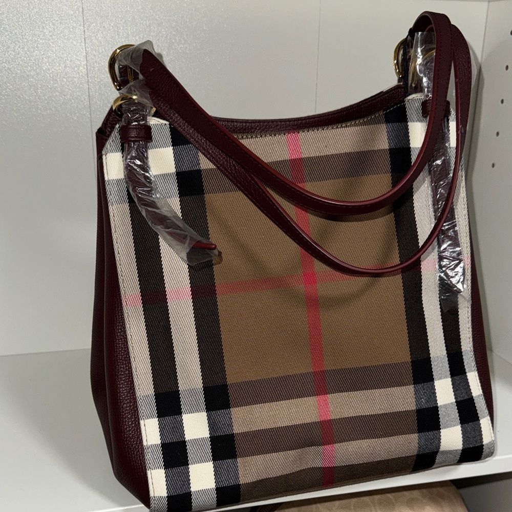 Burberry Tan Check Shoulder Bag with Burgundy Trim